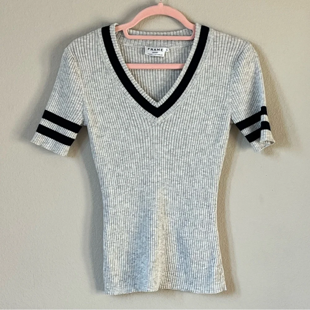 Frame Shirt Gray V-Neck Sweater Blue Stripes Preppy Varsity Wool Cotton Blend XS - Picture 4 of 9